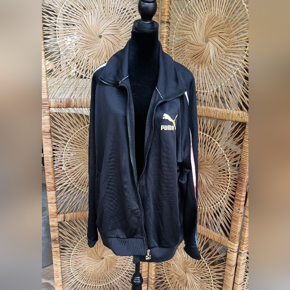 Puma Go For T7 Black Track Jacket with Gold Emblem and Colorful Stripes_XL